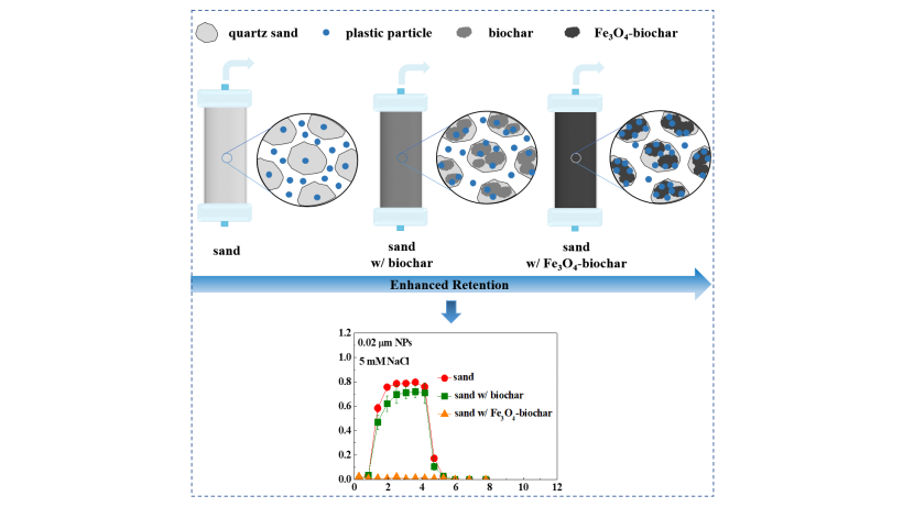Transport behaviors of plastic particles in saturated quartz sand without and with biochar/Fe3O4-biochar amendment.
